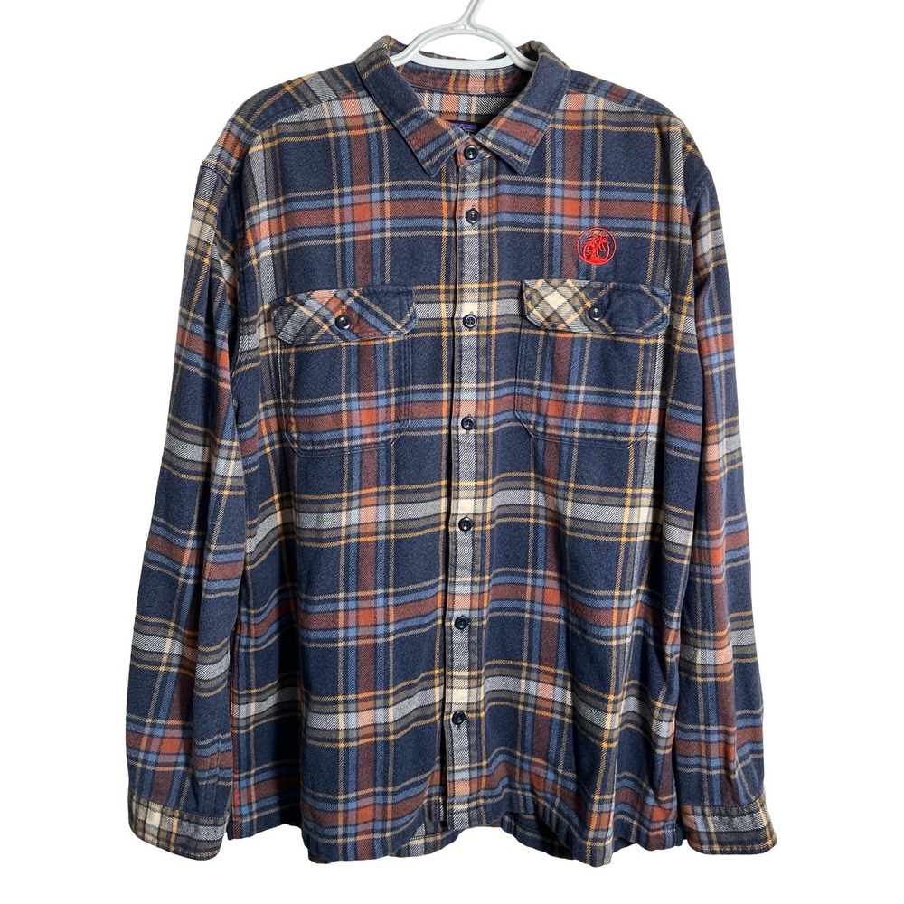 Patagonia Mens XL Organic Cotton Flannel Shirt Plaid Blue Orange Bicycle Logo